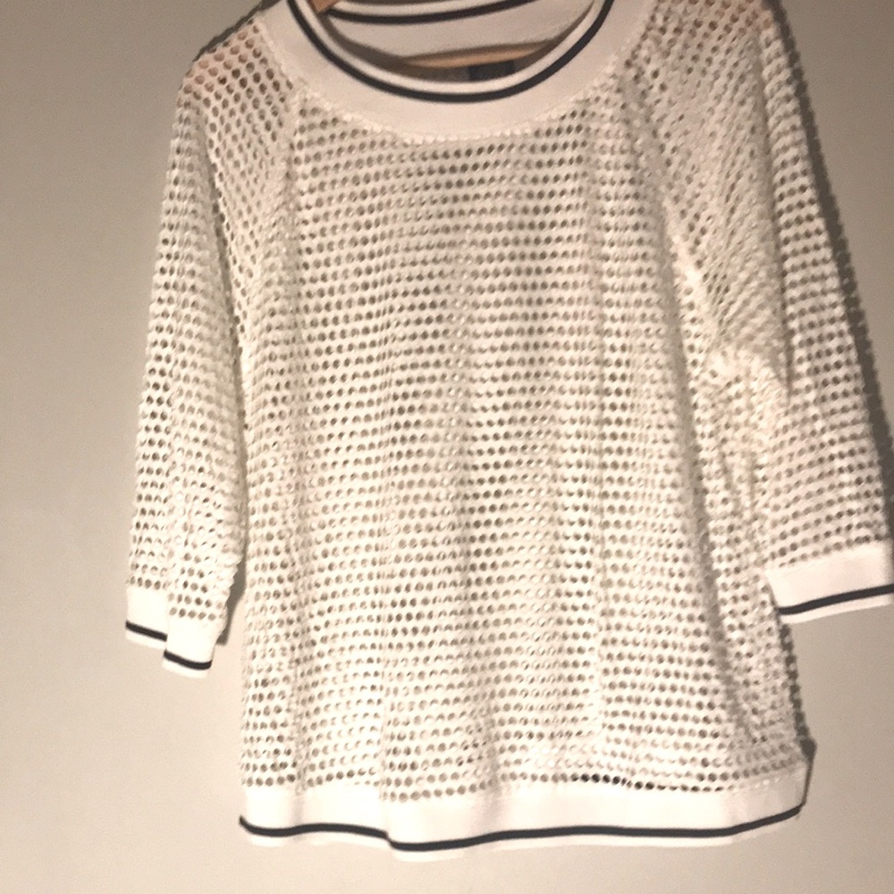 White Mesh Knit Sweater with Black Trim